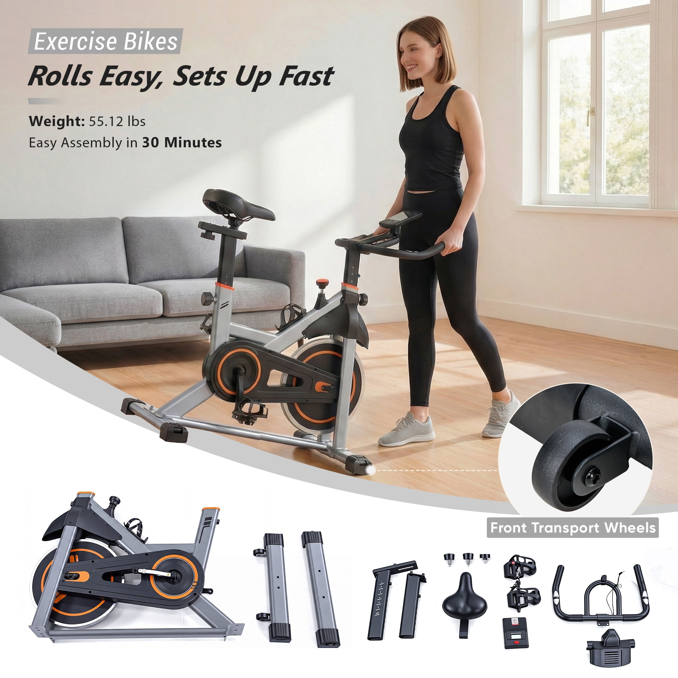 EDX Exercise Bike with LCD Monitor & Infinite Resistance, Adjustable Seat & Handlebar, Bluetooth App Compatible Indoor Cycling Bike for Home Gym, 300 lb Capacity, Orange