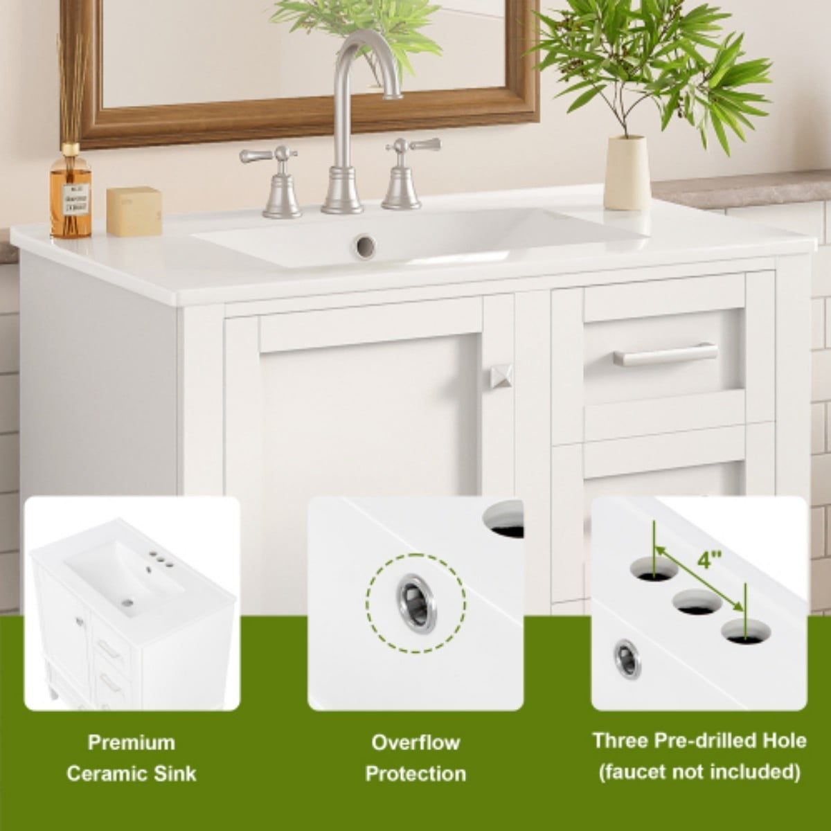 30" Bathroom Vanity with Ceramic Sink, Freestanding Bathroom Cabinet, Soft Close Door, 3 Drawers, Solid Wood Frame, White