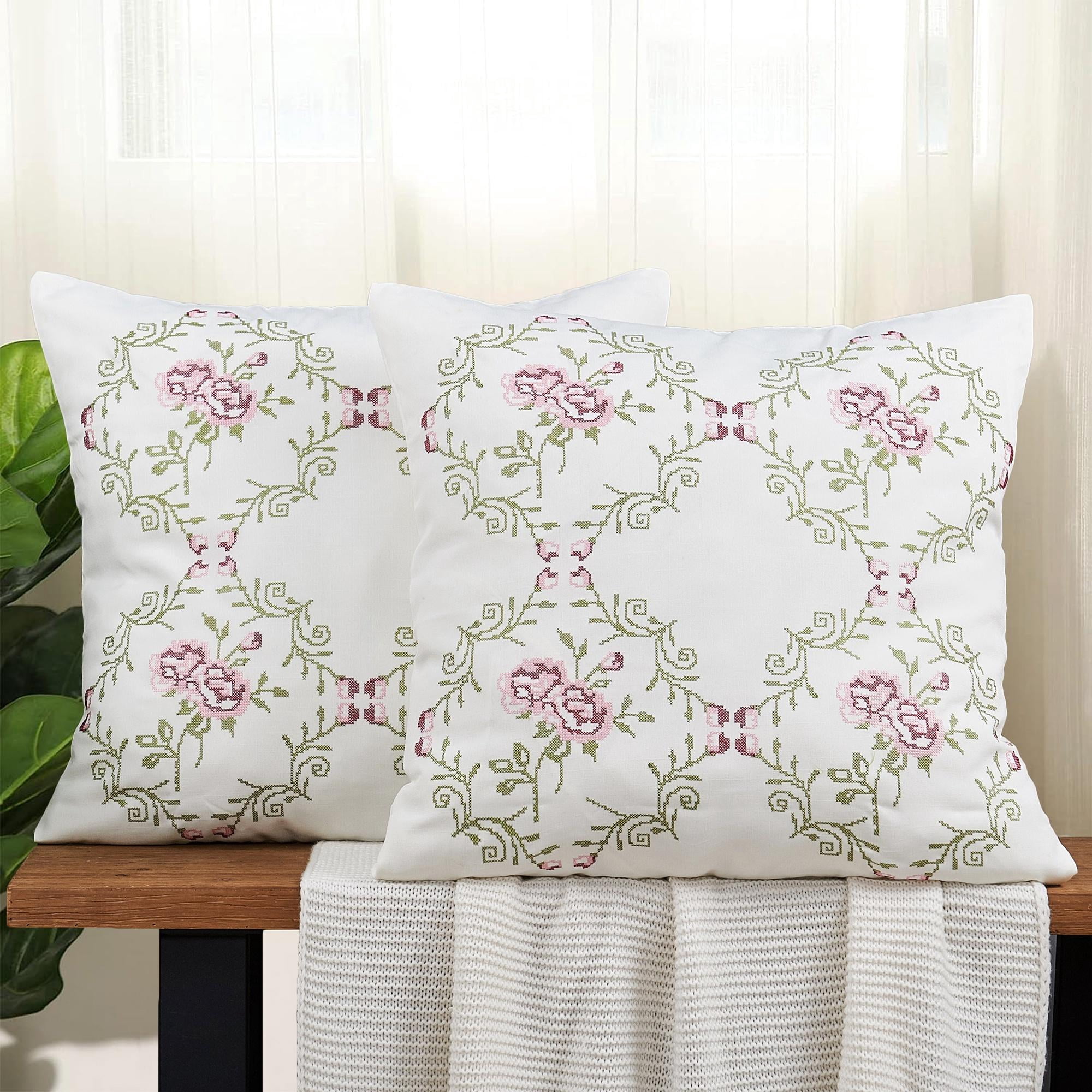 Home Soft Things Embroidery Canvas Throw Pillow Cover Pillow Case 2 Piece Set - Rose - Light Pink - 20" x 20"