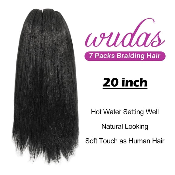 WEIF-Black Braiding Hair 20 Inch Long Pre Stretched Hair Straight Yaki Texture Synthetic Hair Extensions Softness (7 Packs,1B)