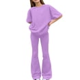 thumbnail image 4 of Grblisyd Girls Outfits Size 10-12 Summer Solid Color Casual Short Sleeve Crew Neck Top Flared Pants 2PCS Set Little Girl Outfits, 4 of 6