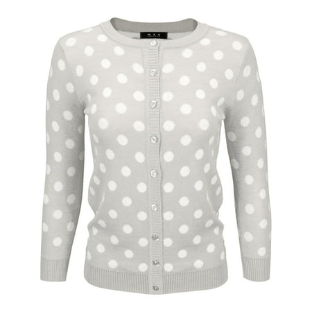 YEMAK Women s Polka Dot Cute Jacquard Crewneck Button Down Sweater Cardigan MK3104-GRY-S