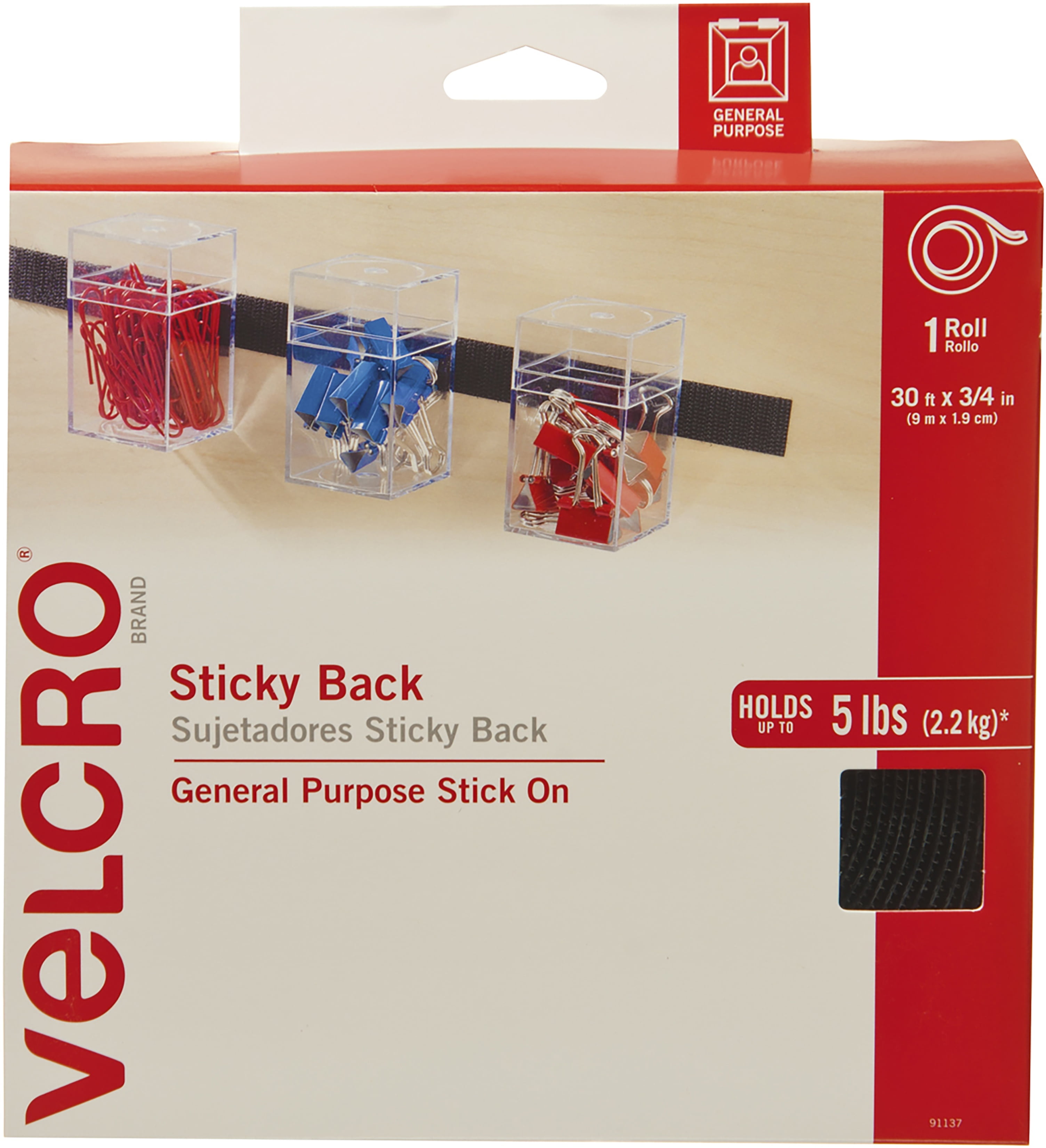 VELCRO Brand Sticky Back Hook and Loop Tape – Peel and Stick Permanent Roll  30ftx3/4in Black 91137