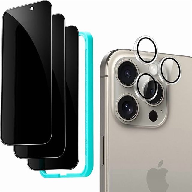Chenchen 3+1 Pack for iPhone 15 Pro Max Privacy Screen Protector Set, Anti-spy Tempered-Glass Privacy Screen Protector, Micro-curved Edges, Case Friendly, 3-Pack with 1 Set of Camera Lens Protector