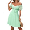 thumbnail image 2 of Womens Summer Sweetheart Neck Short Puff Sleeve Mini Drawstring Casual Slim Flowy Dress Sundress, 2 of 6