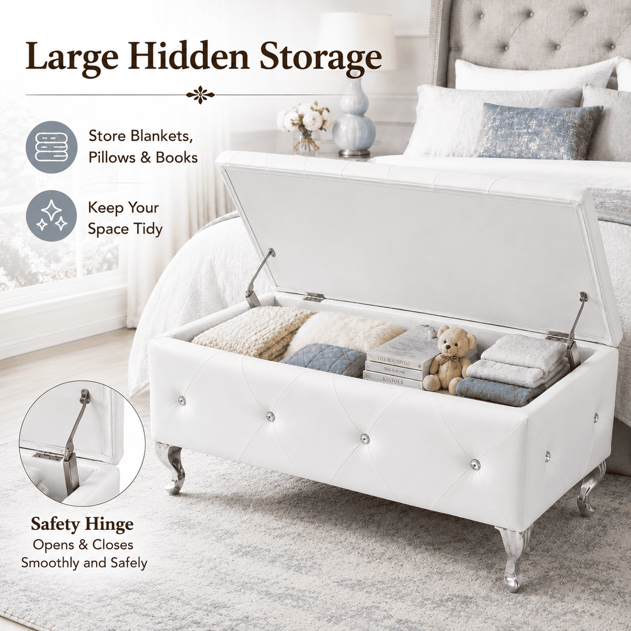 Aukfa 38" Upholstered Storage Ottoman Bench with Hidden Storage, Crystal Tufted Faux Leather Bed Bench, 380 lb, White