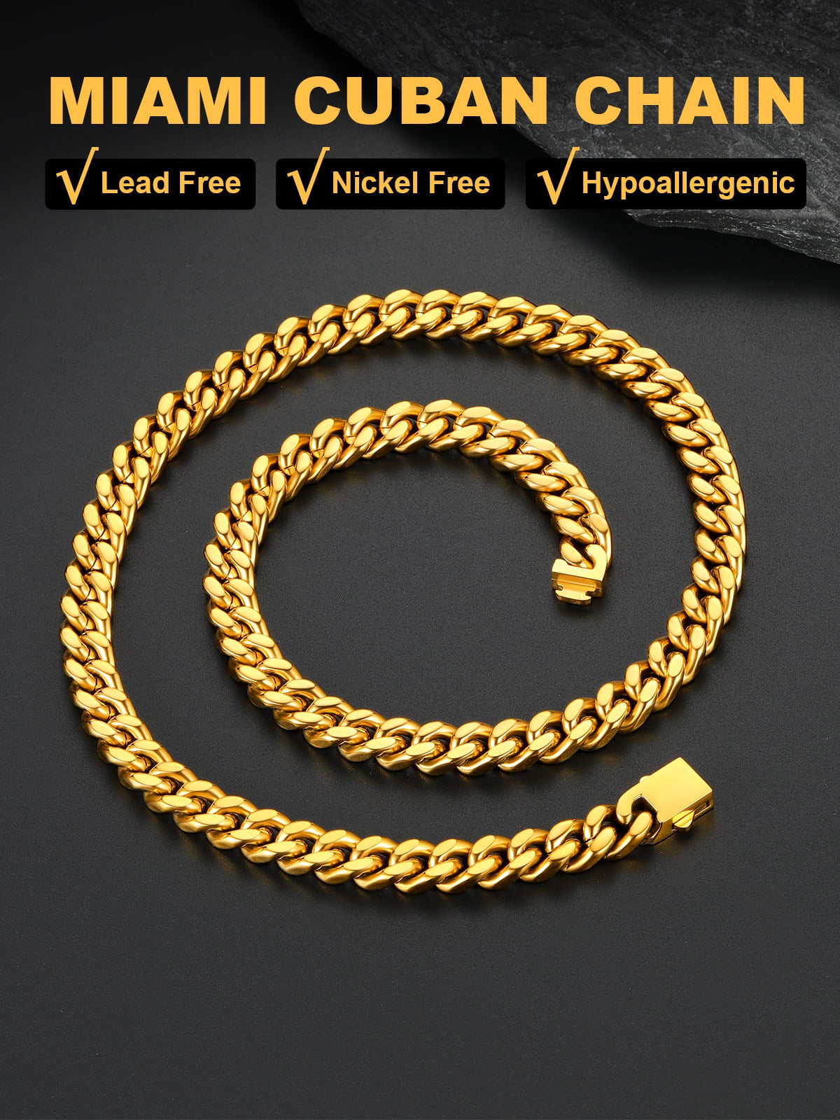 U7 Mens Cuban Necklace 14K Gold Plated Miami Curb Link Chain 9mm 22inch Stainless Steel Necklace Hip Pop Jewelry Gift