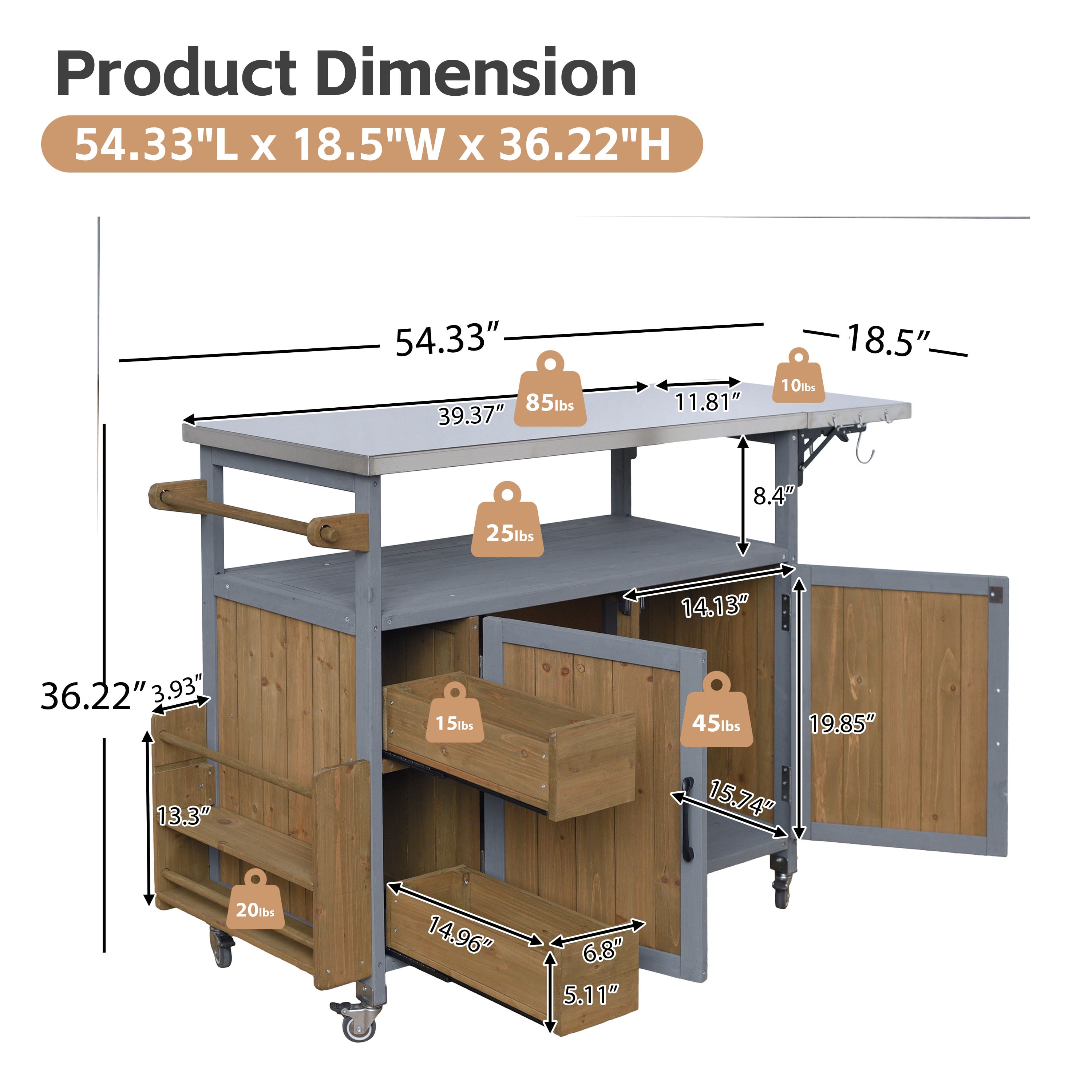 Rolling Kitchen Cart, 54.33 Inch Farmhouse Outdoor Serving Cart for Patio Backyard BBQ, Black