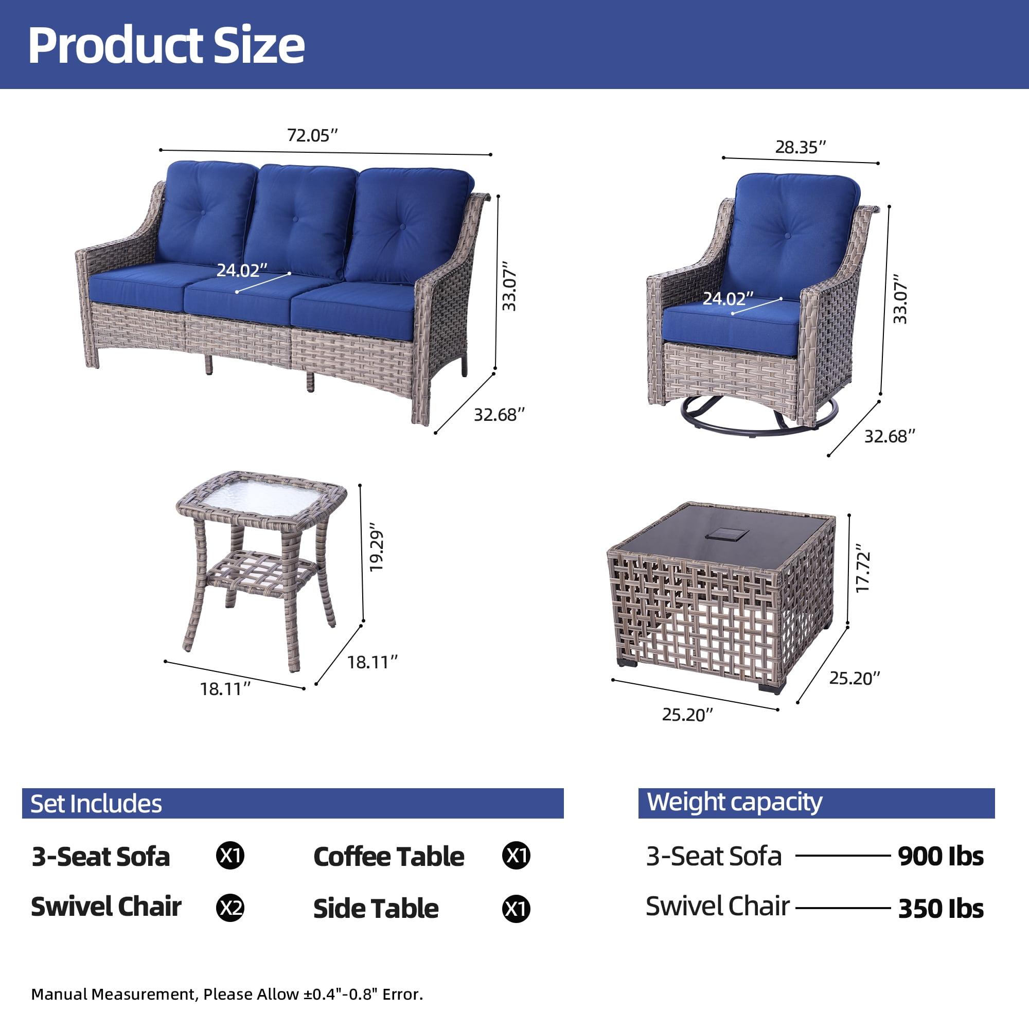 XIZZI Outdoor Furniture Patio Furniture Set 5 Piece Patio Conversation Set with Solar Coffee Table,Swivel Rocking Chair,Side Table-Blue