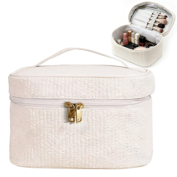 GARITIN Makeup Bag, Large Capacity Travel Cosmetic Organizer with Brush Slots, Toiletry Bag for Women, Quilted Leather Embossed, Off-White