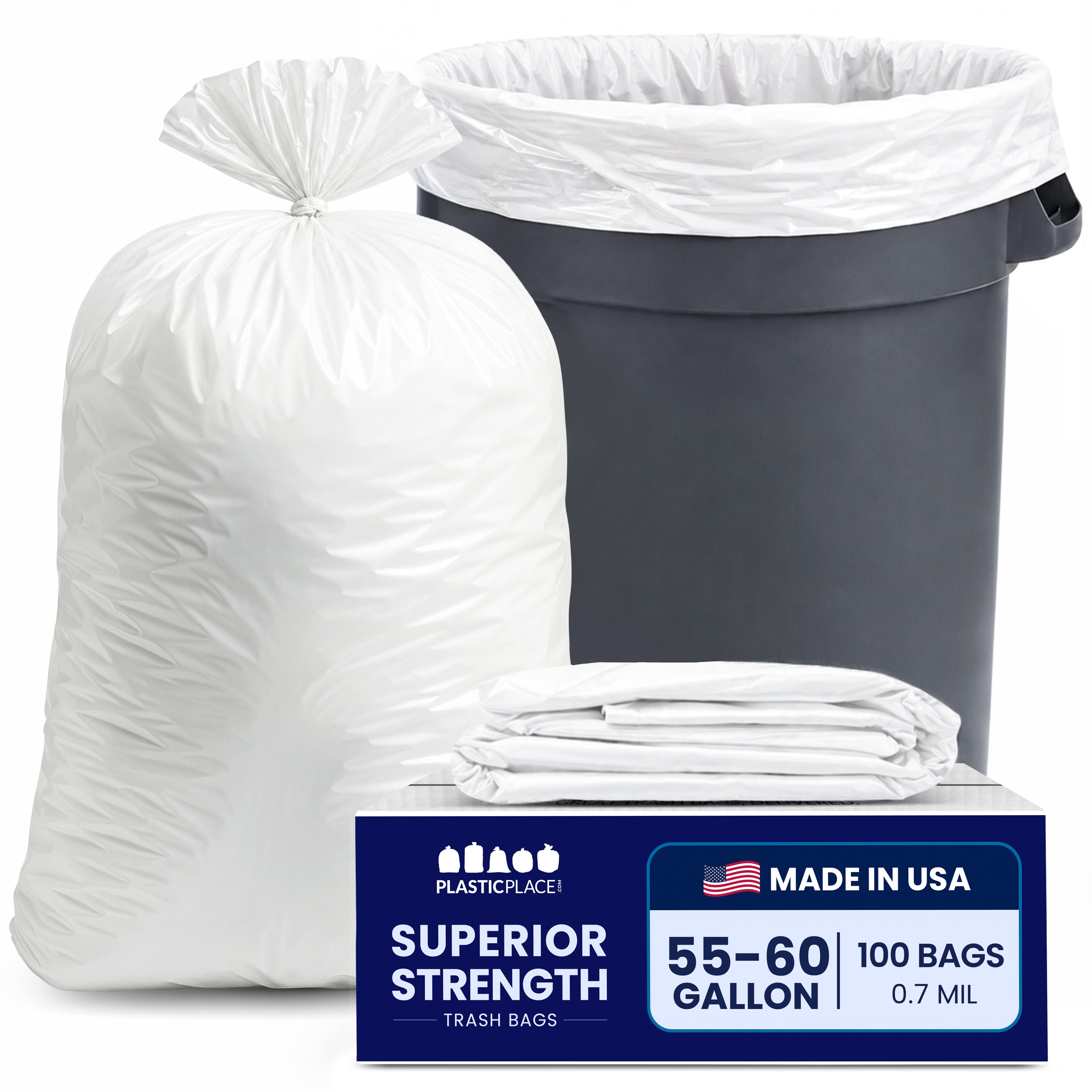 Plasticplace 55-60 Gallon Trash Bags │ 0.7 Mil │Garbage Can Liners │ 38” x 58” (100 Count)