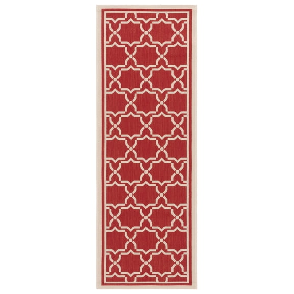 SAFAVIEH Courtyard Allison Geometric Bordered Indoor/Outdoor Runner Rug, 2'3" x 10', Red/Bone