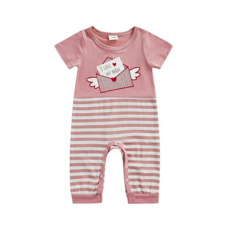 

aturustex Baby s Casual Short Sleeve Mother s Day Jumpsuit Fashion Letters Stripe Bodysuit Printed Round Neck Playsuit Long Romper 0-18 Months