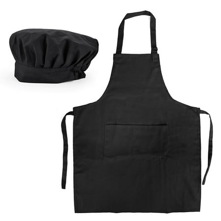 Opromo Cotton Canvas Adjustable Apron Chef Hat Set for Men and Women-Black-XL