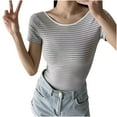 thumbnail image 2 of AXXD Gray Basic Business Casual Tops for Women Summer 2024 Short Sleeved V-neck Solid Color Elastic Slim Jumpsuit Long Sleeved Round-neck Top/shirt, 2 of 7