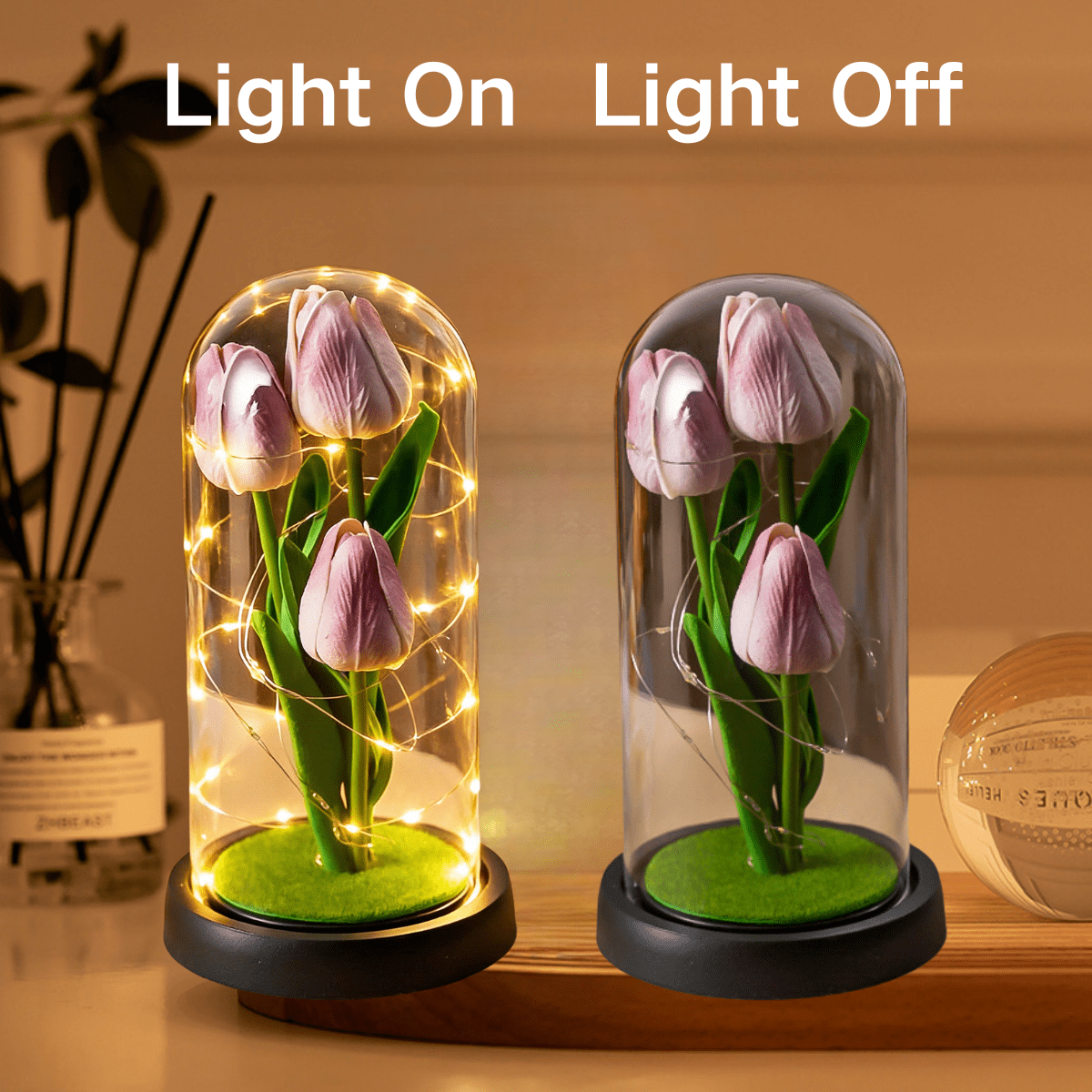 FTCBJJA Preserved Artificial Tulip Bouquet in Glass Dome with LED Fairy Lights, Glass Rose Artificial Flowers with Eternal Tulip, Home Decor Accent, Romantic Flower for Mom,Women&Wife,Gradient Purple