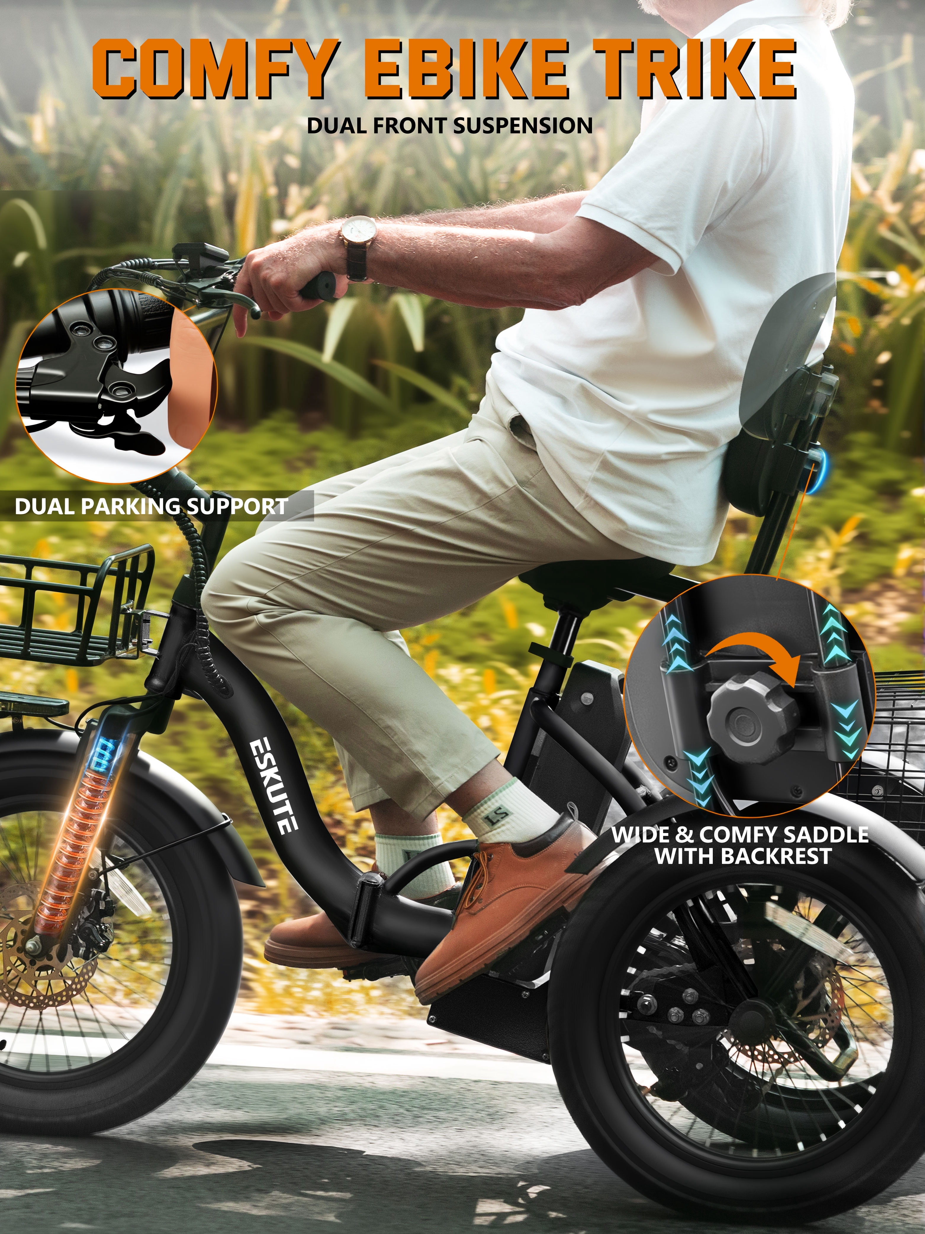 ESKUTE Adult E Trike Electric Tricycle – 750W Brushless Motor, 18+ MPH, Fat Tires, Foldable Step-Thru 3-Wheel E-Bike, Up to 55 Miles, Black with Phone Holder Bag, Mirrors & Lock