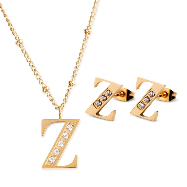Juego Joyería Mujer, Collar Aretes Inicial Letras LuckyLy, Acero Inoxidable Baño de Oro 18k dorado UNITALLA