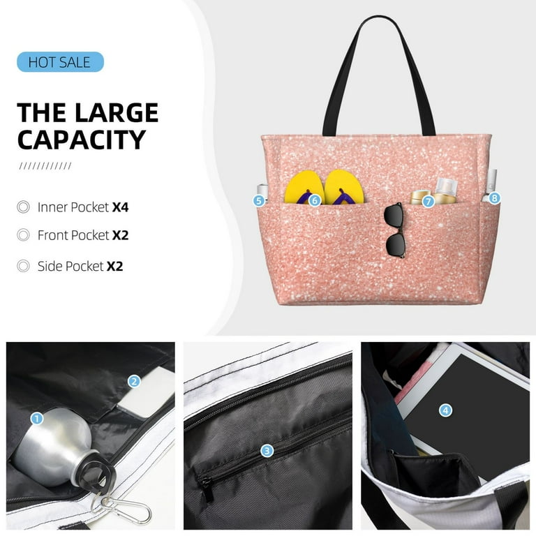 Gaeub Rose Gold Glitter Beach Travel Bag Multi Pocket Beach Bag Summer Vacation Bag Beach Essentials Tote