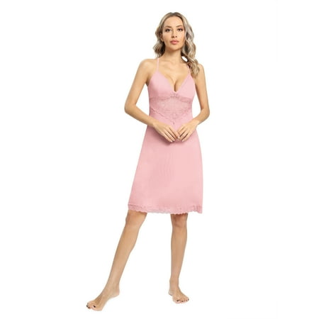 WBQ Sleepwear Sexy Lingerie Nightgown Lace Chemise Satin Slip Silk Negligee Nightie Bridal Babydoll for Women Pink S-2XL