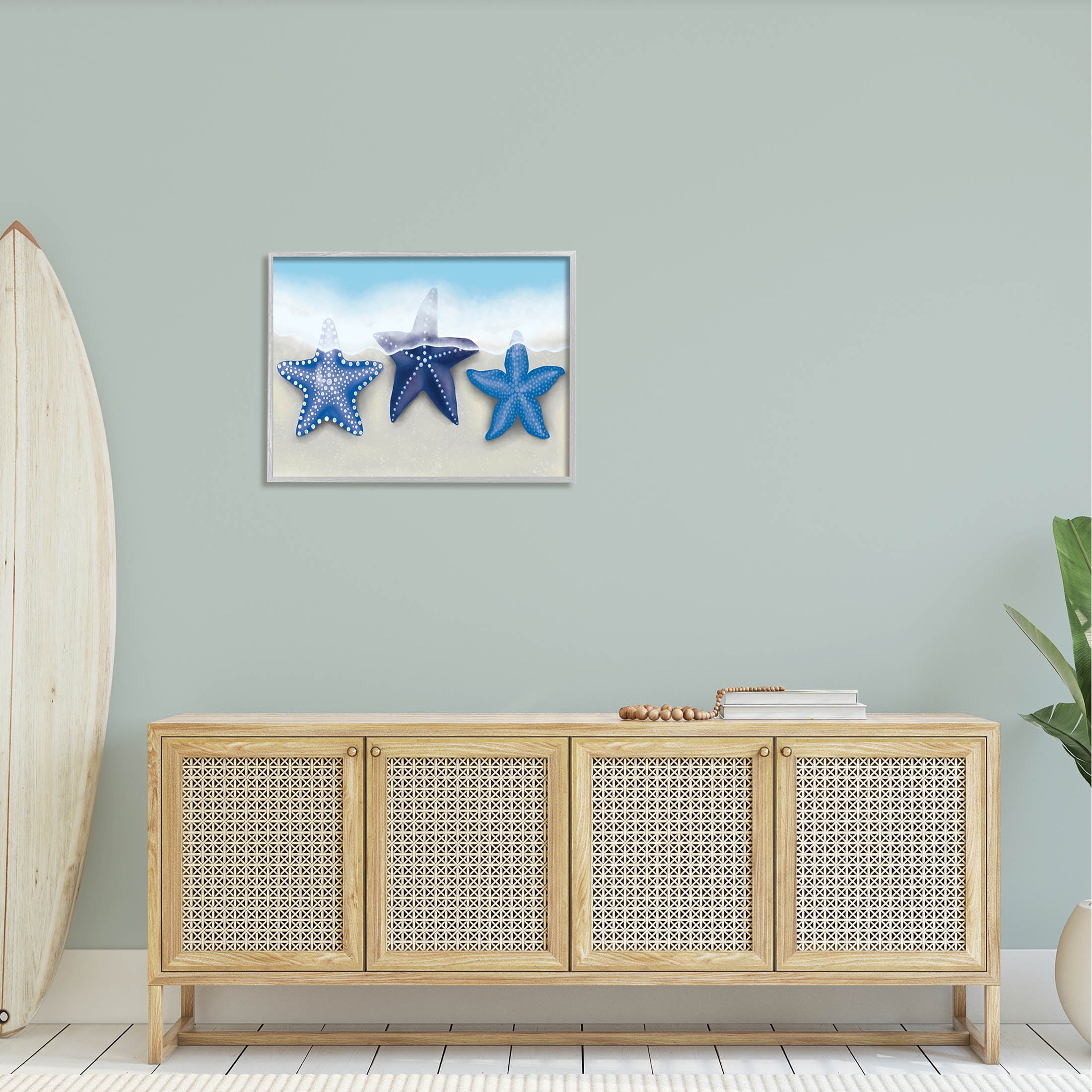 Mixed Blue Starfish Shoreline Animals & Insects Graphic Art Gray Framed Art Print Wall Art
