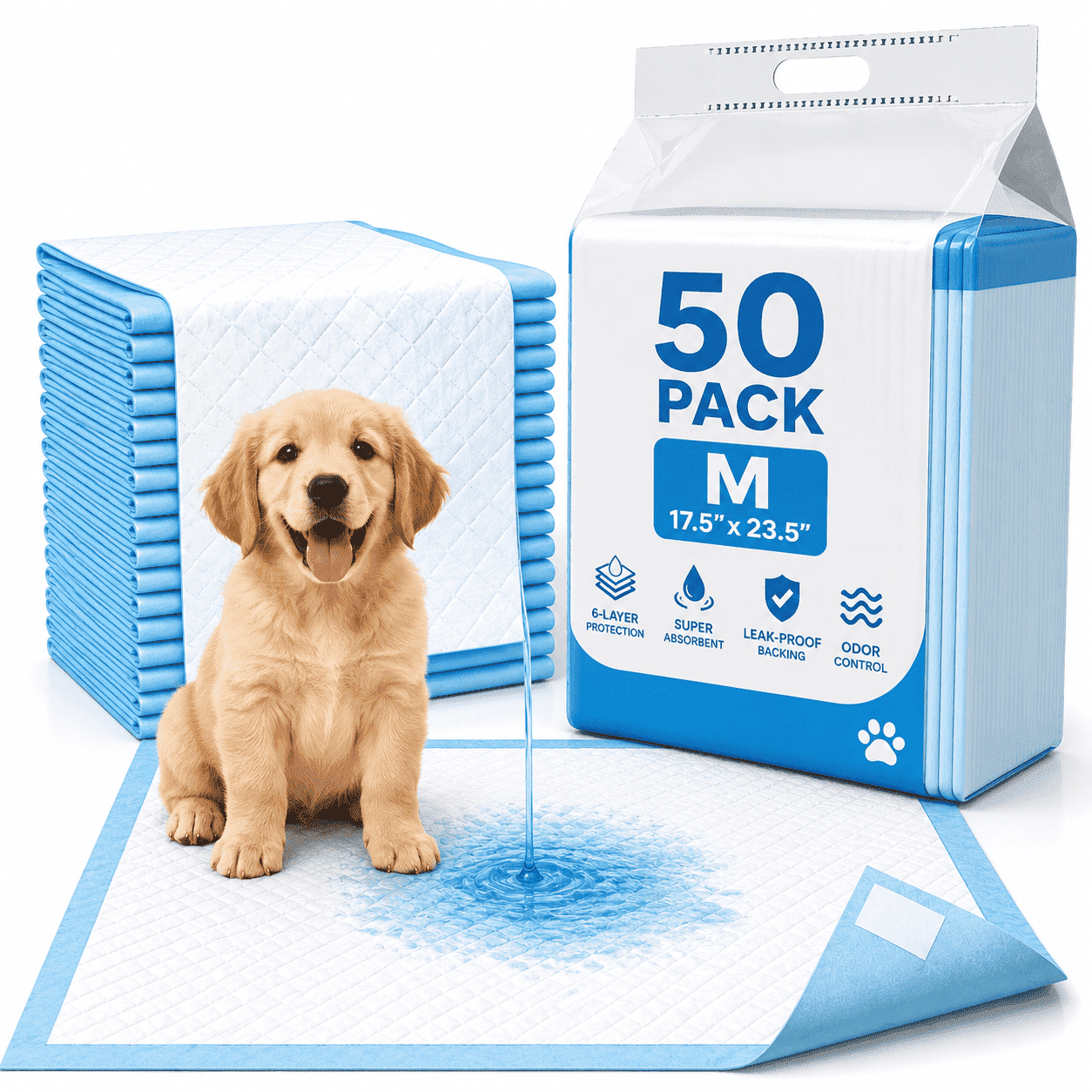 QOPR Puppy Pads 50 Count, 17.5 x 23.5 Inch Pee Pads for Dogs, Leak-Proof Super Absorbent Dog Pads with Adhesive Strips, Pet Supplies, Pañales para Perros