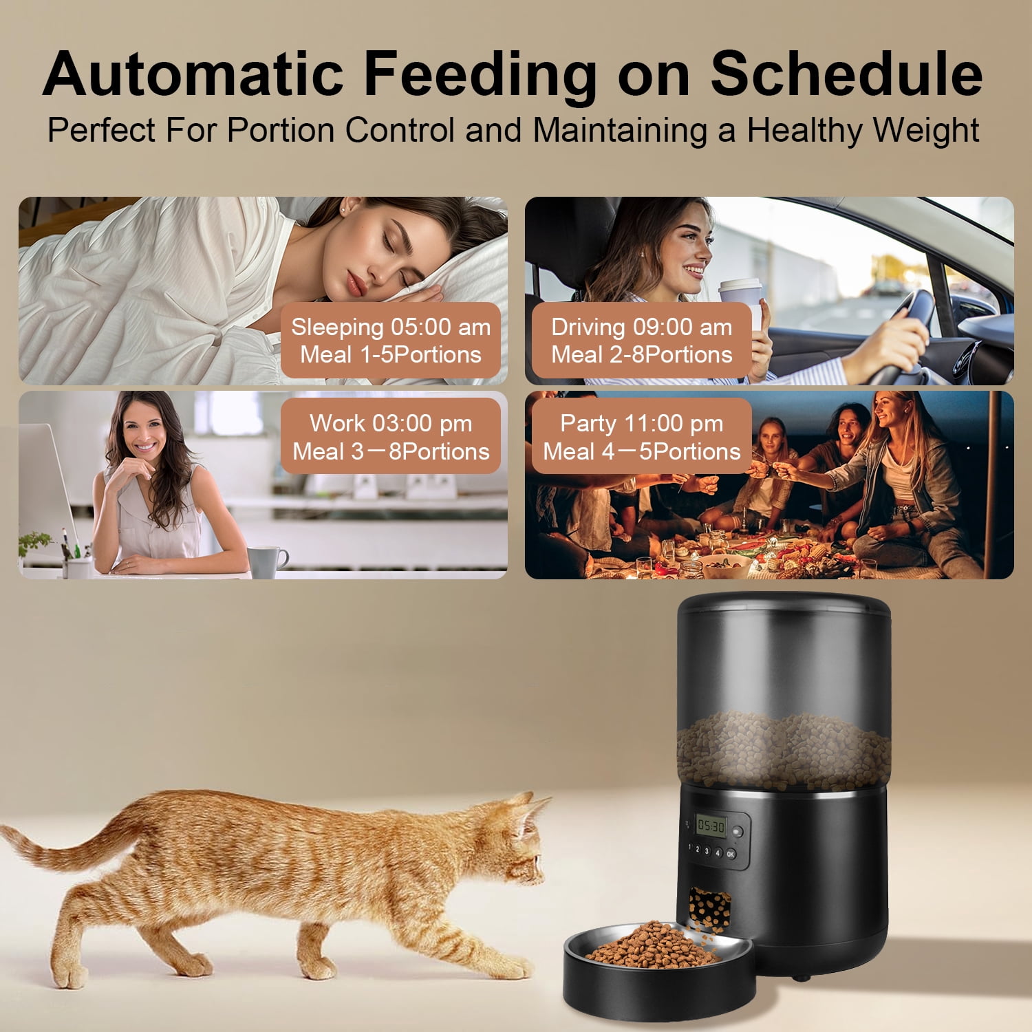 Automatic Cat Feeder,AndHot 4L Detachable Cat Food Dispenser Automatic Feeding for Dry Food Up to 36 Portions(9g/Portion)4 Meals Per Day, Dual Power Supply Timed Cat Feeders for Cats and Dog,Black