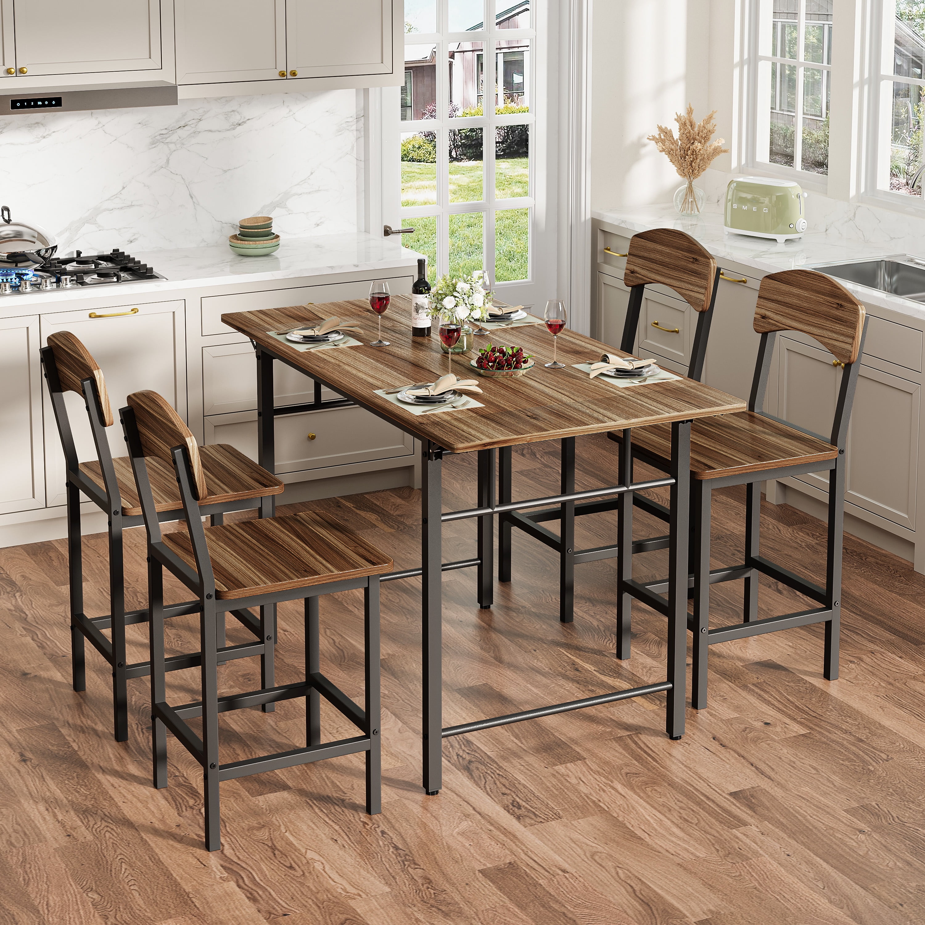 Dining Table Set for 4, Drop Leaf Pub Table and Dining Chair Set, Counter Height Table Set of 5, Kitchen Table Set with Stools for Kitchen Apartment Bistro, Brown