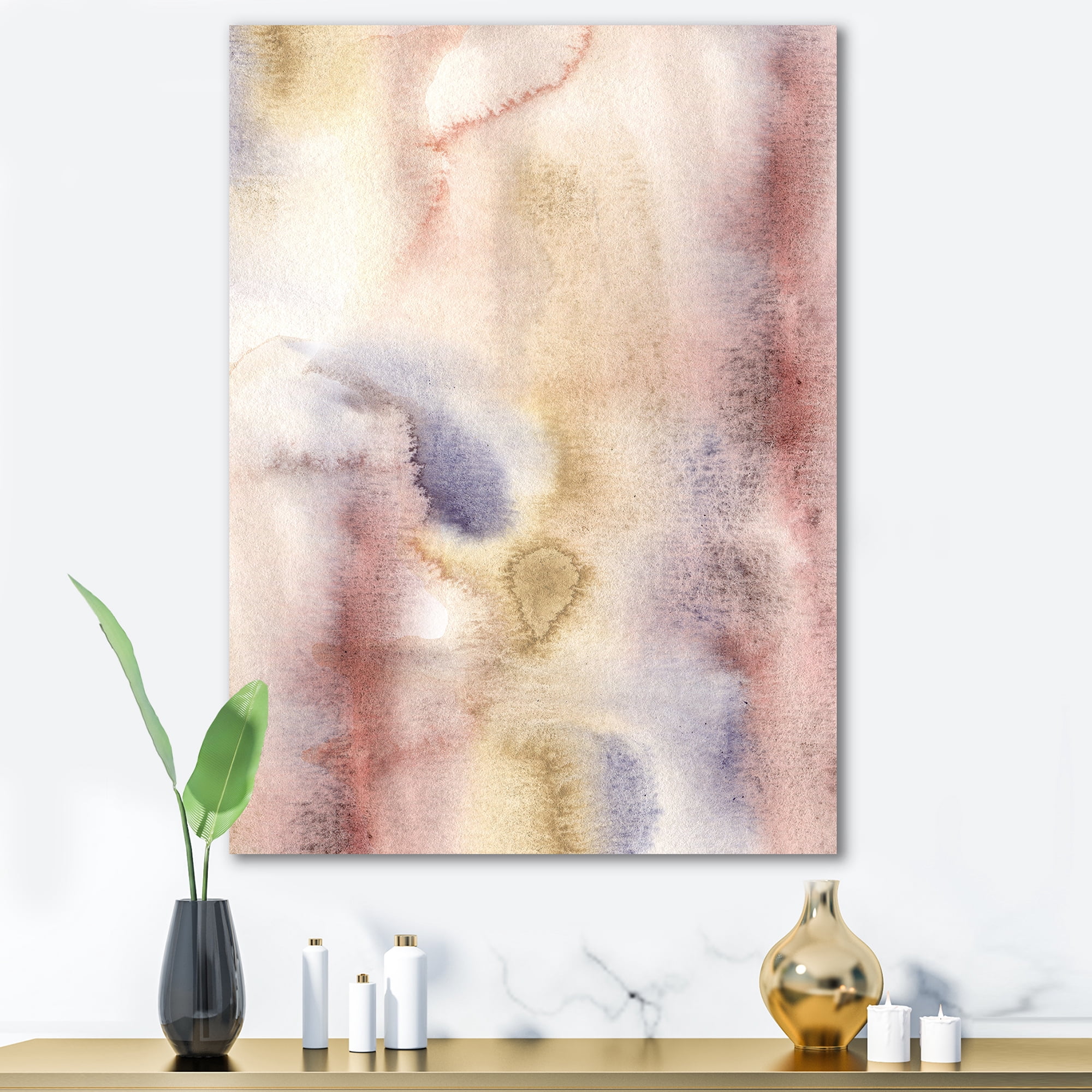 Designart ' Pastel Abstract With Pink Dark Blue and Yellow Spots ' Modern Canvas Wall Art Print