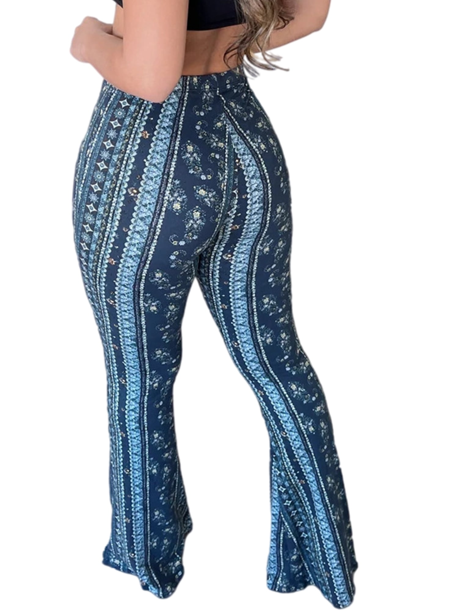 Sexy Dance Women Trousers Cropped Yoga Pants Elastic Waisted Leggings  Breathable Bottoms Floral Print Jeggings Blue XS 