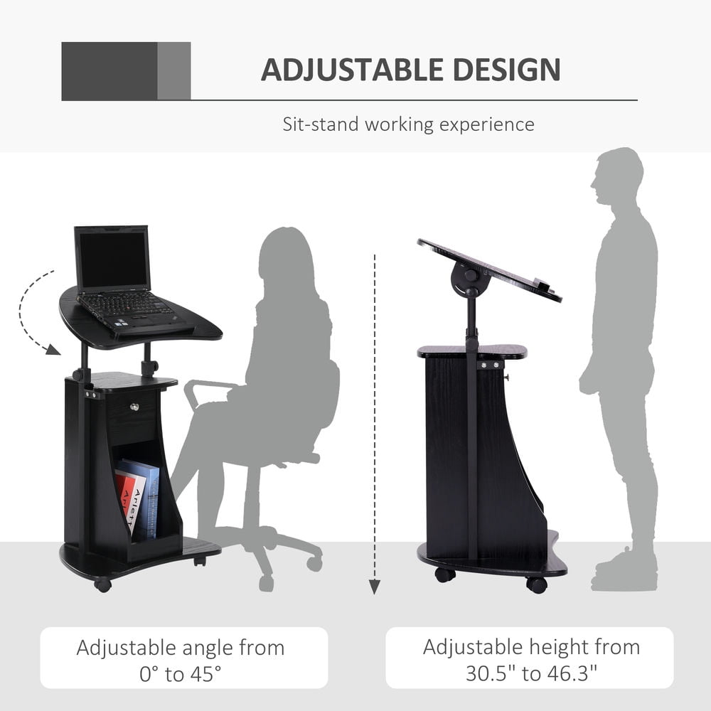 Demi Bonn Adjustable Height Laptop Cart with Drawer, Sit-to-Stand Computer Desk with Swivel Top and Storage, Mobile Podium Desk Stand, Black