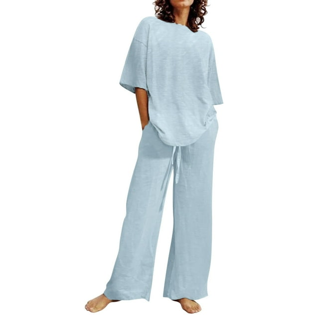 WEIYLL Outfits Sets for Women Two Piece Gradient Solid Color O Neck Short Sleeve Blue Fall Activewear Suits ,size XL
