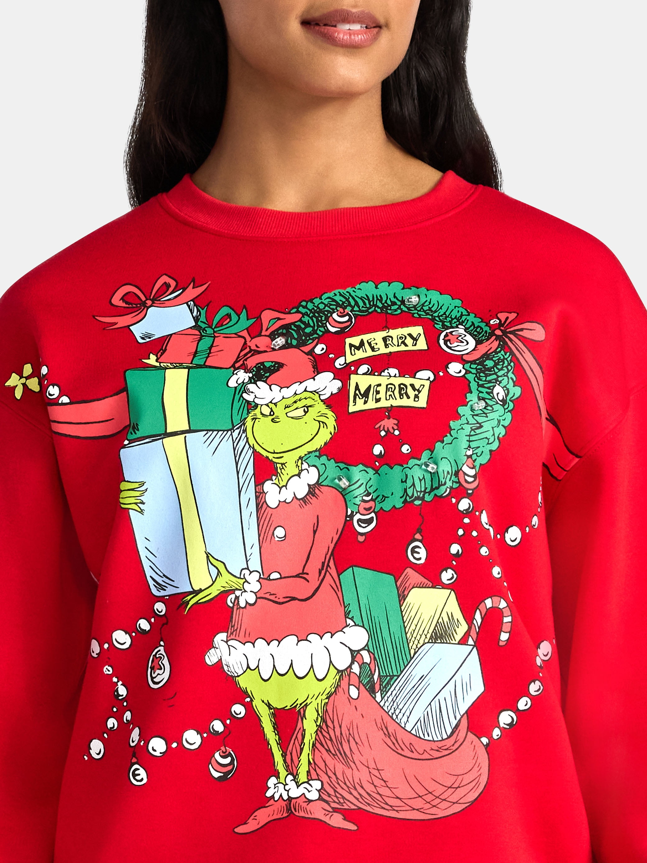 Dr Seuss The Grinch Women's Light Up Front Back Graphic Sweatshirt with Long Sleeves, Sizes XXS-XXL