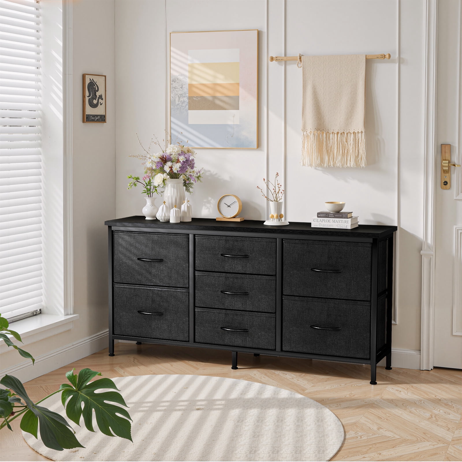 Dresser, Betcozy Storage Organizer with 7 Drawers for Bedroom, Chest of Drawers with Fabric Bins, Sturdy Metal Frame, Wood Tabletop for Guest Room, Closet, Entryway, Nursery, Black