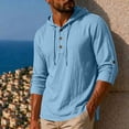 thumbnail image 2 of Hoodie Long Sleeve Shirts for Men Cotton Linen Solid Color Buttons Drawstring Casual Top Summer Vintage Fashion Comfort Loose Pullover Shirt, 2 of 9