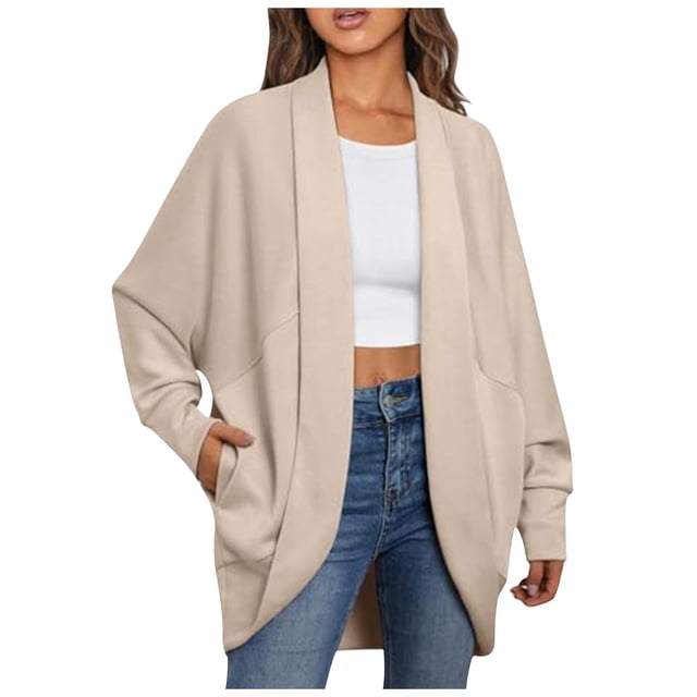FAIWAD Womens Open Front Cardigan Long Sleeve Knit Plus Size Lightweight Sweater Coat