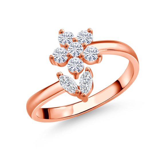 Gem Stone King 18K Rose Gold Plated Silver White Moissanite Flower Open Ring for Women | 0.53 Cttw | Gemstone Birthstone | Wedding Engagement Anniversary Promise Ring for Women | Size 6