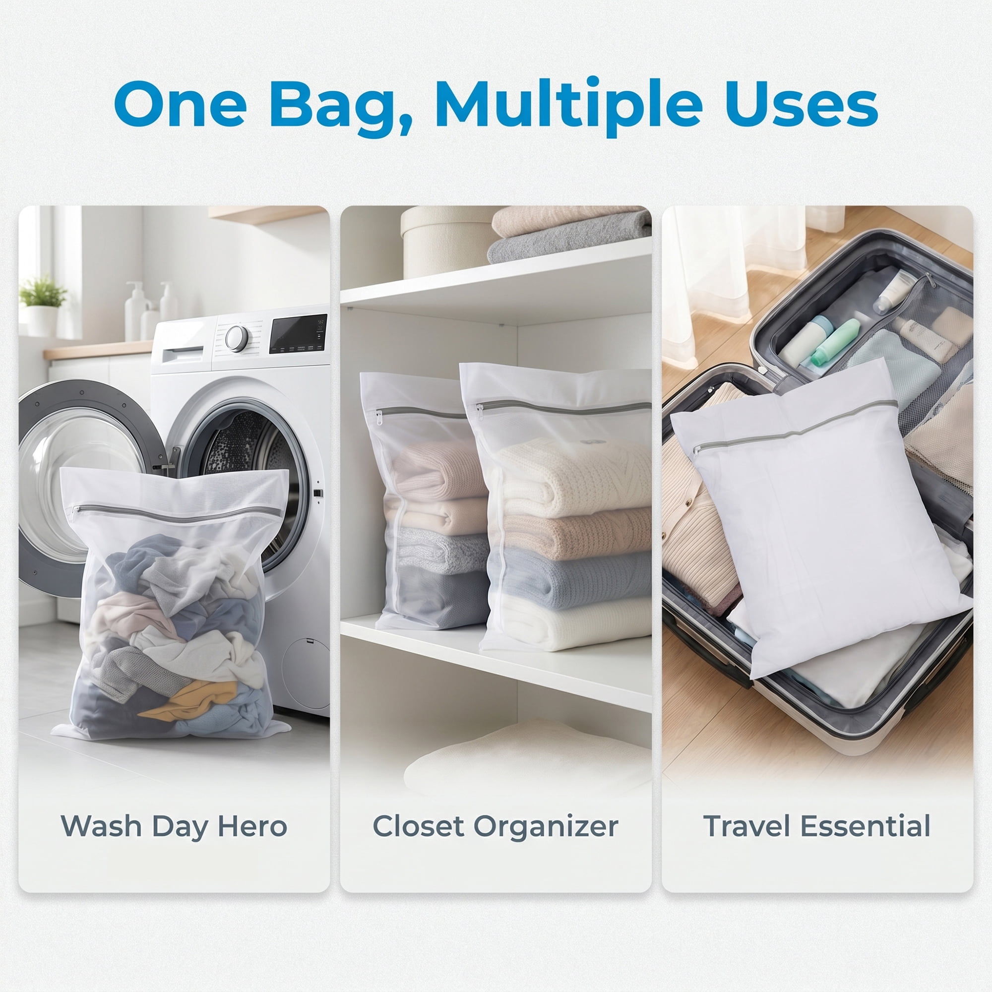 Unique Bargains 3Pcs Polyester Mesh Laundry Bags with Zipper White-Gray 19.7" x 23.6"
