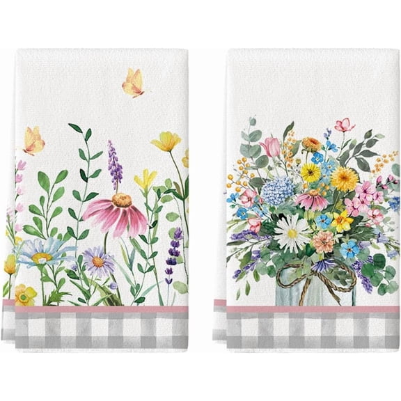 Buffalo Plaid Wildflower Floral Spring Kitchen Towels Dish Towels, 16x24 Inch Farmhouse Summer Decoration Hand Towels Set of 2