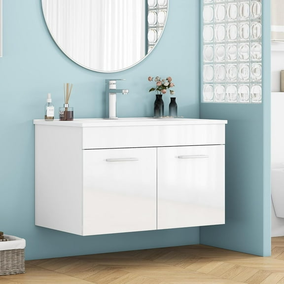 Censi 32-Inch Bathroom Vanity with Sink Combo,Wall-Mounted Bathroom Vanity with Double Doors, Wall Mount Bathroom Cabinet,Soft Close Hinges,Long Metal Handles,Ceramic Basin,Glossy White