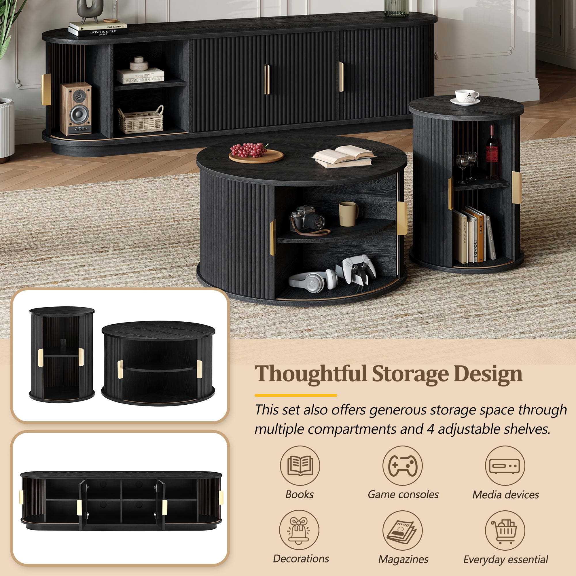 Euroco Wooden TV Stand & Coffee Table Set with Fluted Sliding Doors for TVs up to 75", Golden Handles Media Console with Cable hole, Farmhouse Round Center Table for Living Room, Black