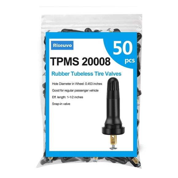 Riseuvo 50 Pcs TPMS 20008 Rubber Valve Stems - Snap-in Replacement for TPMS Sensors, Fits 0.453" Rim Hole for Cars, Trucks, SUVs