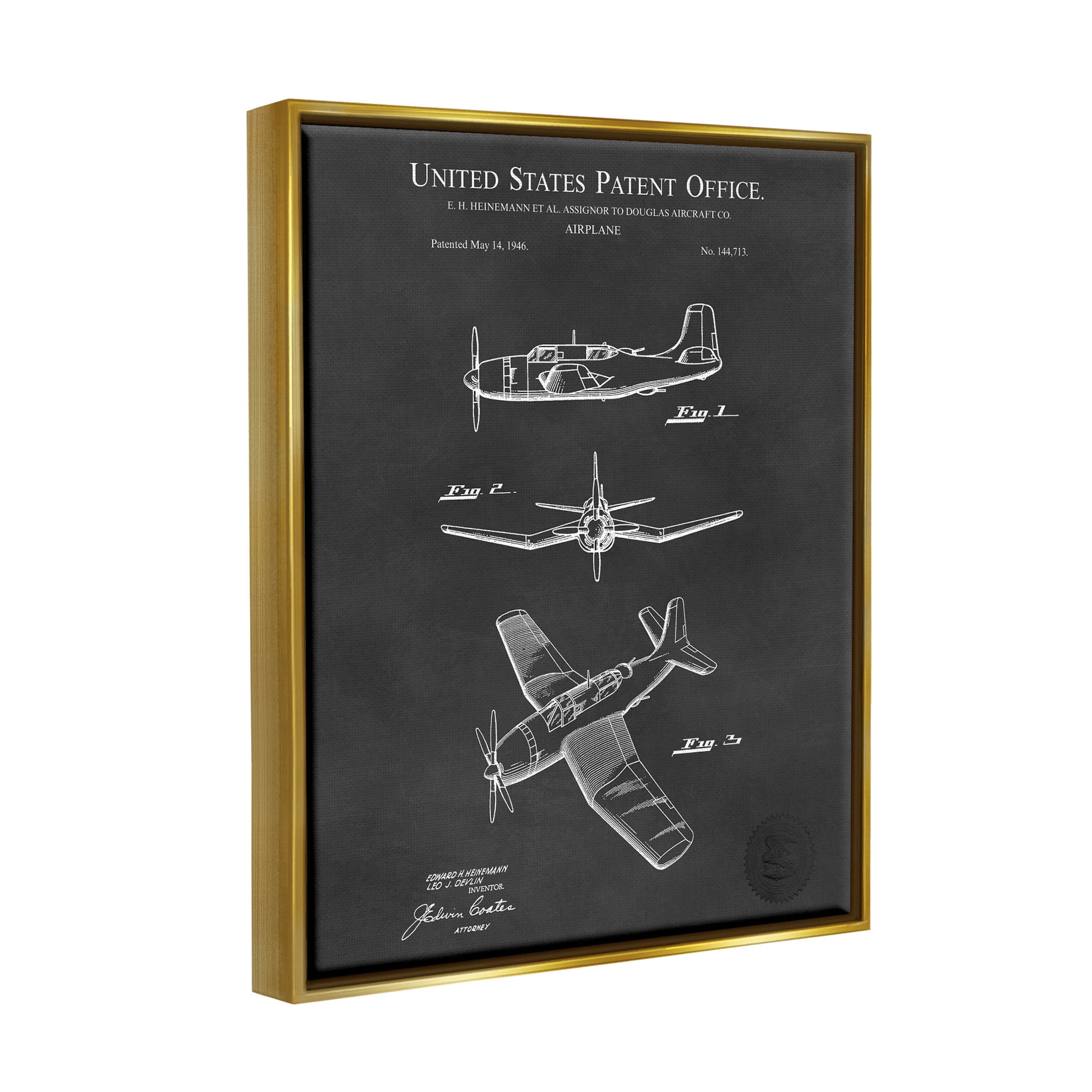 Stupell Industries Intricate Airplane Blueprint Chart Graphic Art Metallic Gold Floating Framed Canvas Print Wall Art, Design by Karl Hronek