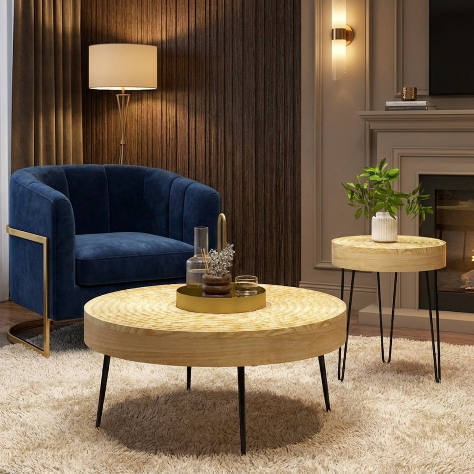 Furnibear Set of 2 Solid Wood Farmhouse Round Coffee Tables - Natural - Living Room Cocktail Center Table