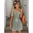 thumbnail image 5 of Women'S Drawstring Tie Waist Striped Knit Tank Dress Summer Sleeveless Square Neckline Mini Dress Green M, 5 of 9
