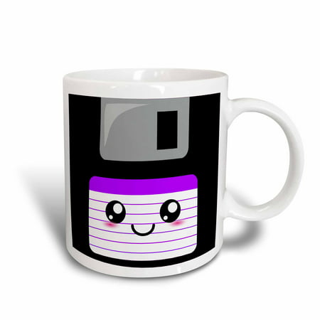 3dRose Kawaii Cute Happy Floppy Disk - old school computer - Japanese Anime Smiley cartoon in purple, Ceramic Mug,