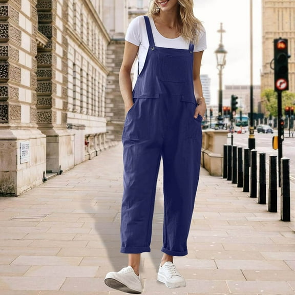 Yotami Womens Loose Fit Wide Leg Jumpsuit Romper Summer Solid Color Cotton Linen Rompers for Shopping Sleeveless Fashion Suspender Jumpsuits with Pocket, Dark Blue, XXL