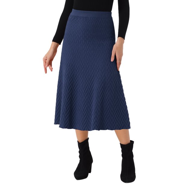 Falda midi de suéter elástica de cintura alta de punto acanalado para mujeres Inspire Chic, color azul marino