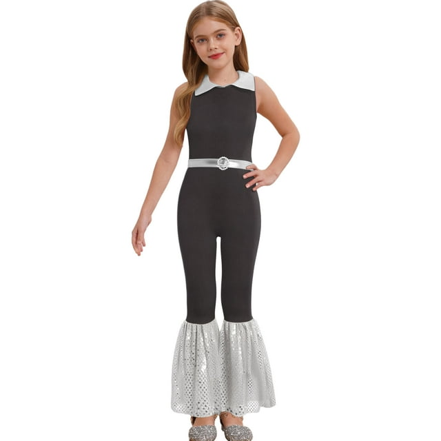 Hansber Combinaisons de Danse Disco Sans Manches à Sequins pour Filles Enfants Col Rabattu Fermeture Éclair Noir&Argent 10