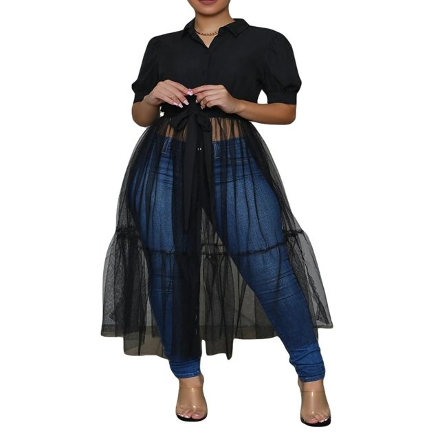 Robe Style Chemise pour Femmes Manches Courtes Couleur Unie Col Rabattu Patchwork Taille Robe Décontractée Simple une-Pièce Vêtements
